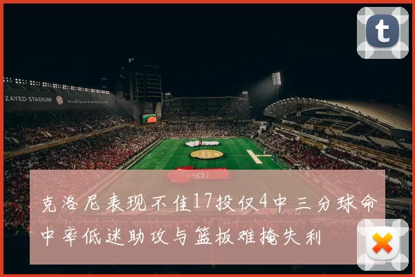 克洛尼表现不佳17投仅4中三分球命中率低迷助攻与篮板难掩失利